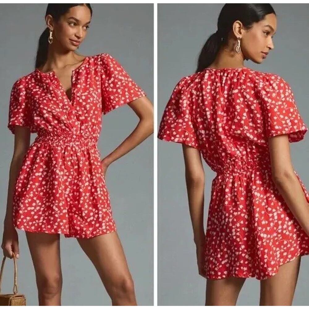 Anthropologie Short Sleeve Length Somerset Romper Linen Red White SZ XL A000408 - Picture 2 of 7